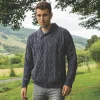 Men's Merino Wool Aran Sweater: V-neck Irish Knit Jumper